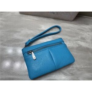 Charlie Blue Pebbled Leather Clutch, Wristlet Bag, Zip Closure